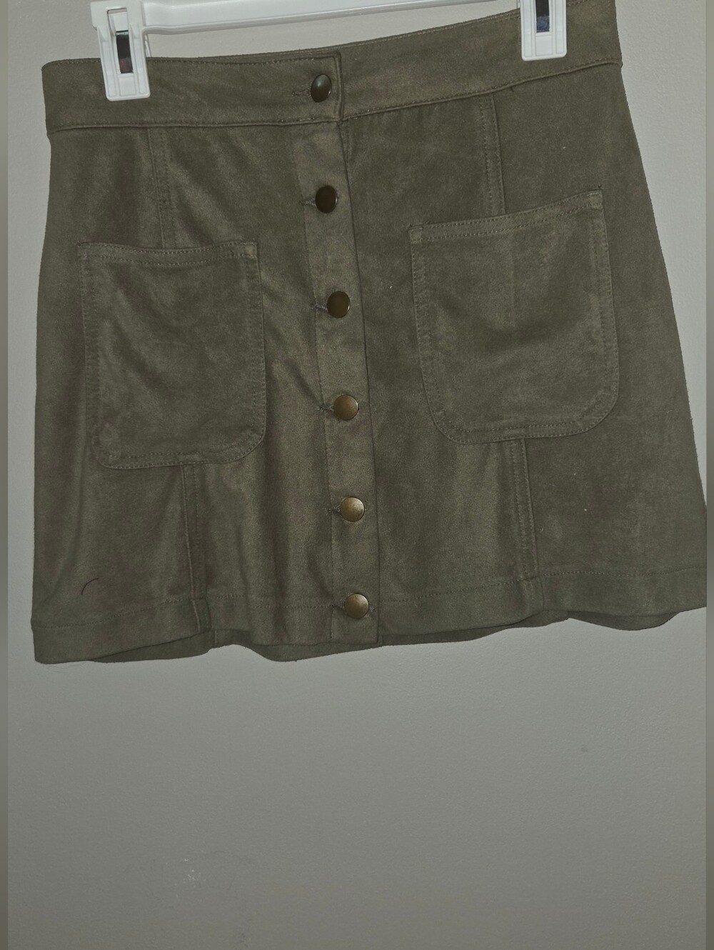 Altar'd State Olive Green Button-Front Suede Mini Skirt